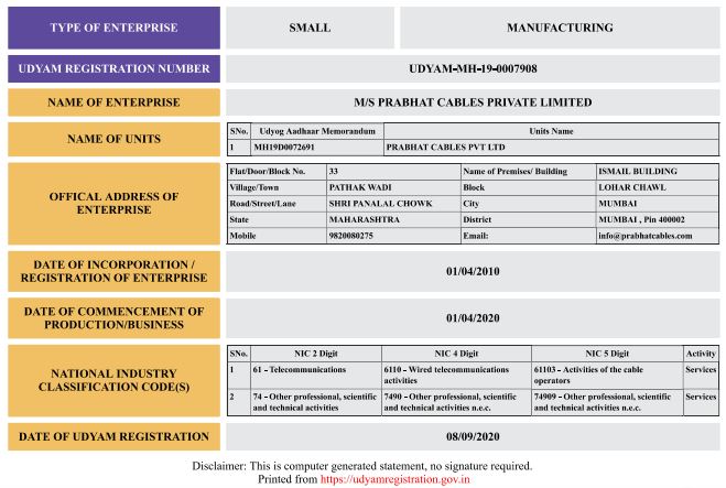 Prabhat Cables Udyam Certificate