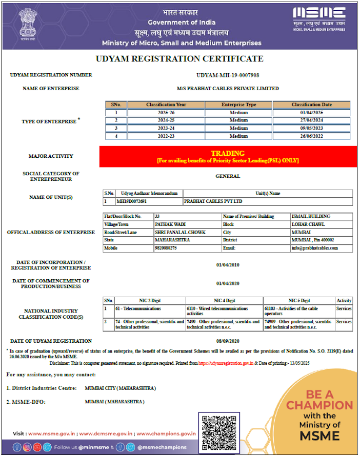 Prabhat Cables Udyam Certificate
